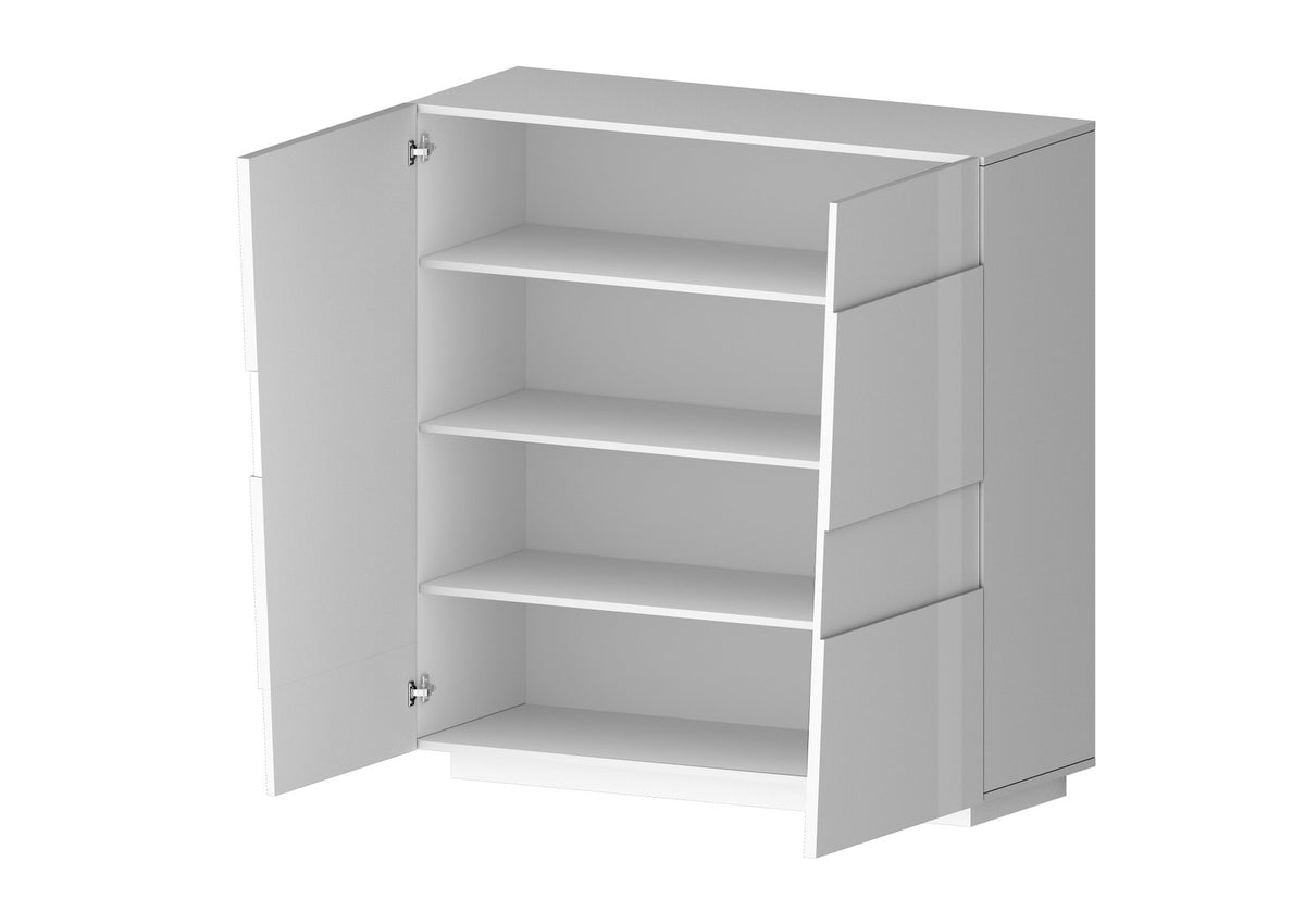 Credenza INFINITY bianco lucido con due ante aperte che mostrano tre ripiani interni #colore_Bianco Lucido