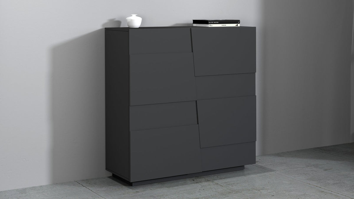 Credenza INFINITY antracite opaco con cassetti e ante a filo, vista di tre quarti da sinistra #colore_Antracite Opaco