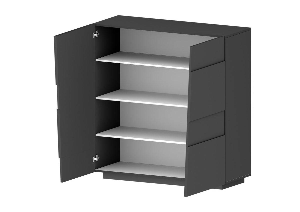 Render 3D della credenza INFINITY antracite opaco con due ante aperte e tre ripiani bianchi #colore_Antracite Opaco