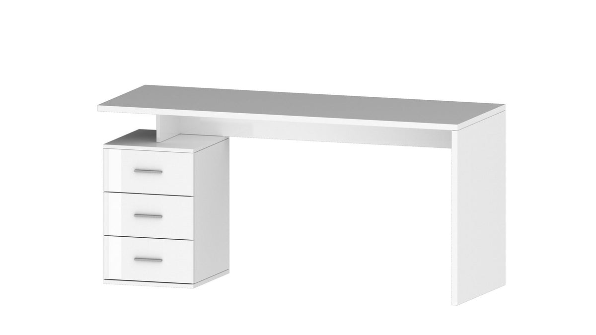 Scrivania NOVA bianco lucido su sfondo bianco, vista di tre quarti con cassettiera a sinistra #colore_Bianco Lucido