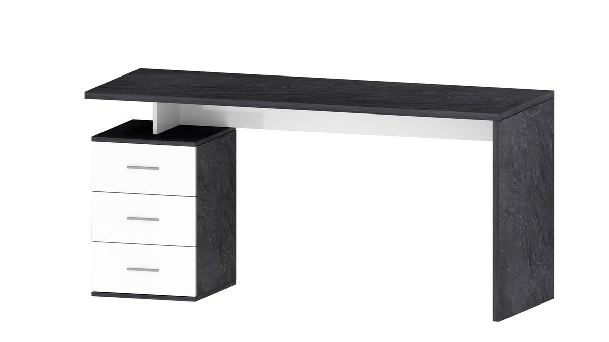 Scrivania NOVA antracite opaco ad angolo su sfondo bianco, cassettiera a tre cassetti bianchi a sinistra #colore_Bianco Lucido/Antracite Opaco