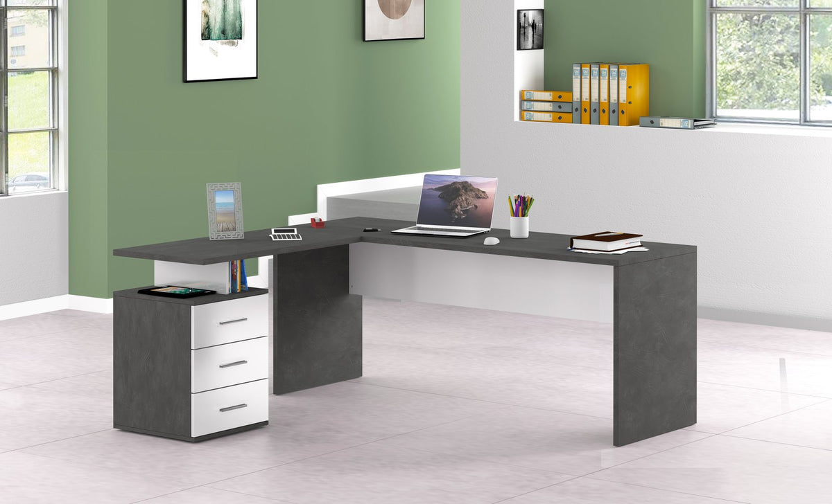 Scrivania angolare NOVA bianco lucido con cassetti, in ufficio con pareti verdi e raccoglitori gialli #colore_Bianco Lucido/Antracite Opaco