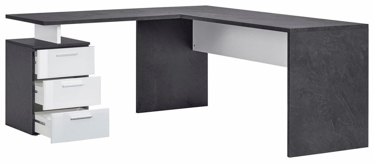 Scrivania angolare NOVA bianco lucido con cassettiera a tre cassetti, vista tre quarti su fondo bianco #colore_Bianco Lucido/Antracite Opaco