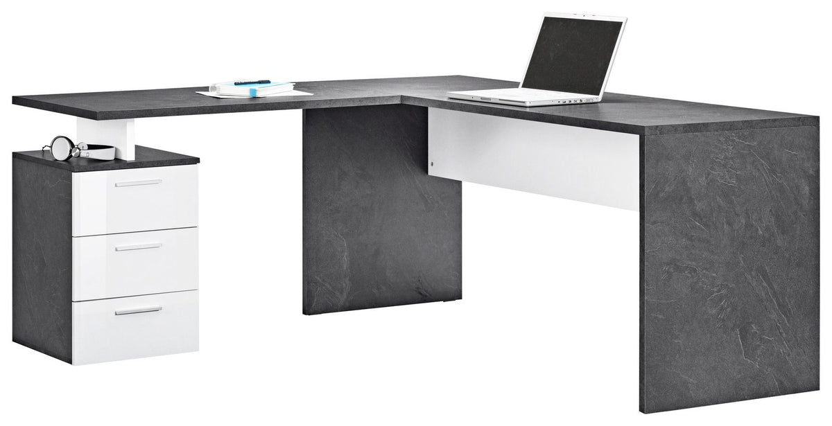 Scrivania angolare NOVA bianco lucido con piano grigio effetto pietra, su sfondo bianco, vista tre quarti #colore_Bianco Lucido/Antracite Opaco