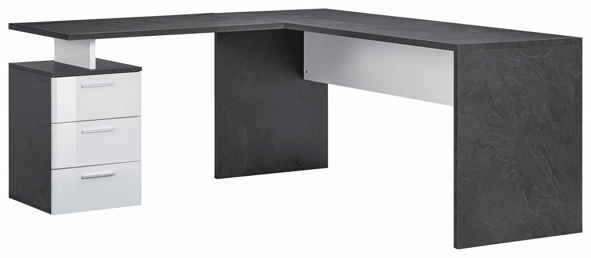 Scrivania angolare NOVA bianco lucido con cassettiera a tre cassetti sul lato sinistro, su fondo bianco #colore_Bianco Lucido/Antracite Opaco