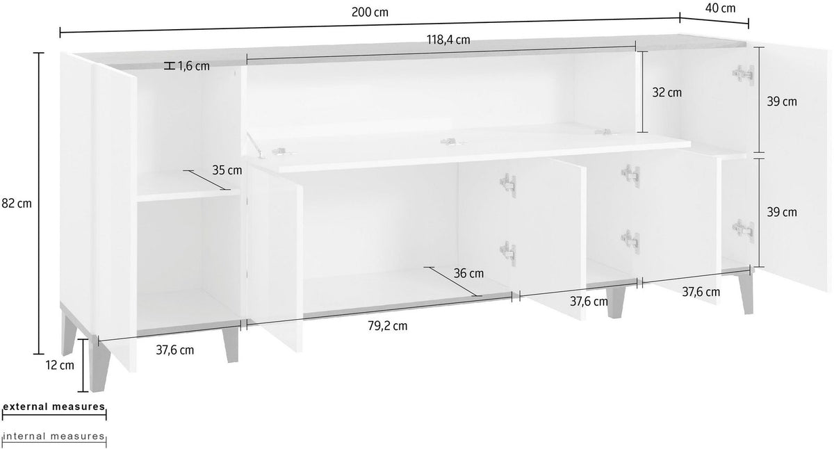 Misure della credenza ARTEMIS bianco opaco: 200 cm di larghezza, 82 di altezza, 40 di profondità