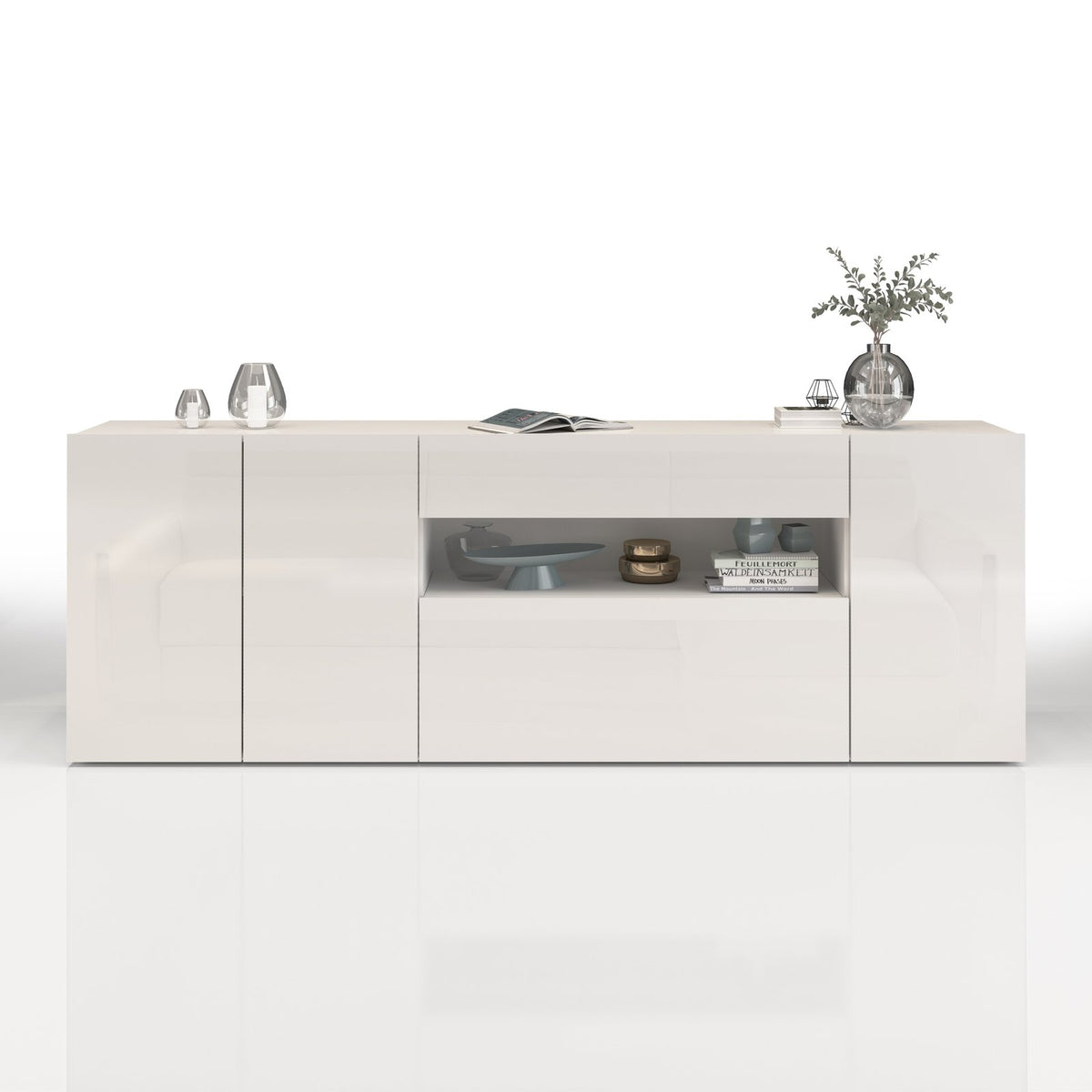 Credenza bianco opaco su fondo chiaro, vista frontale con finitura lucida e vano a giorno