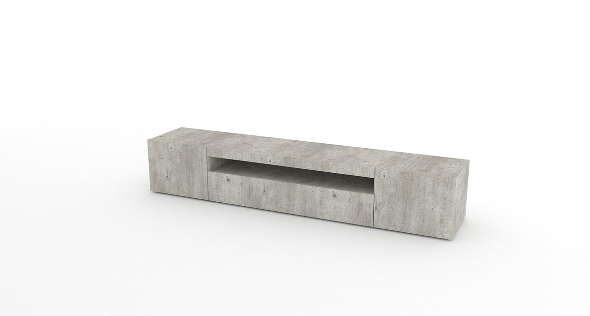 Porta TV FUSION cemento con vano a ribalta aperto e ripiano interno #colore_Cemento
