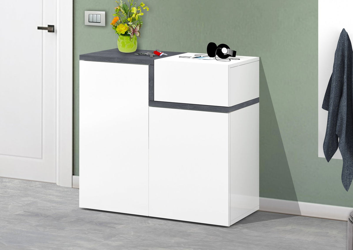 Scarpiera CASSIOPEA bianco opaco in ingresso con piano scuro effetto pietra #colore_Bianco Opaco
