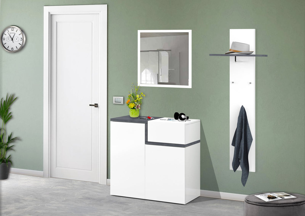 Scarpiera CASSIOPEA bianco opaco frontale in ingresso con vaso di fiori sul piano #colore_Bianco Opaco
