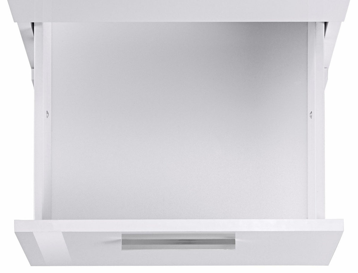 Dettaglio dell'interno di un cassetto NOVA bianco aperto con maniglia a incavo, visto verso il fronte #colore_Bianco Lucido