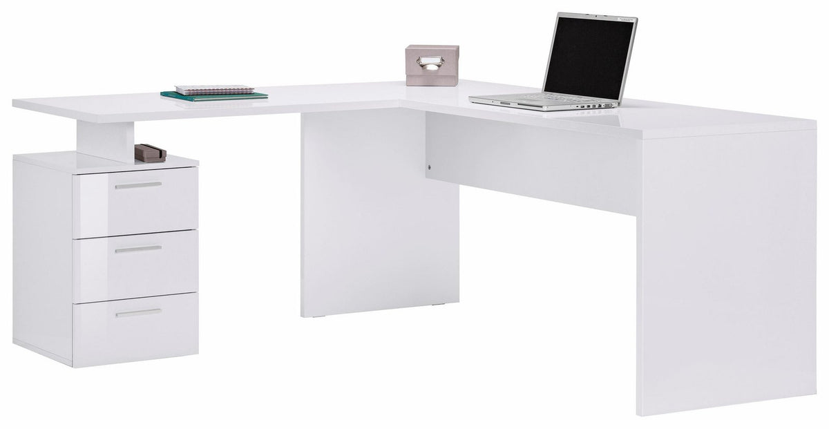 Scrivania NOVA bianco lucido con cassettiera a tre cassetti, vista tre quarti #colore_Bianco Lucido