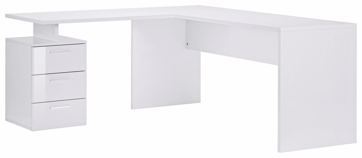 Scrivania NOVA bianco lucido ad angolo con cassettiera a tre cassetti sinistra #colore_Bianco Lucido
