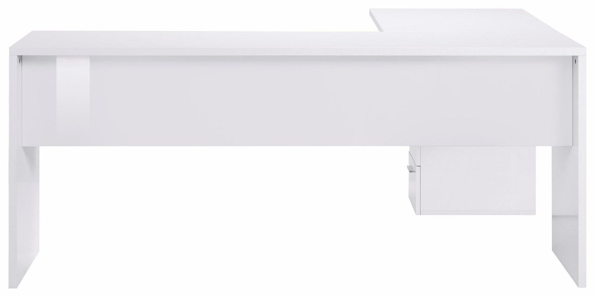 Scrivania NOVA bianco lucido vista dal retro con pannello posteriore e gambe a pannello pieno #colore_Bianco Lucido