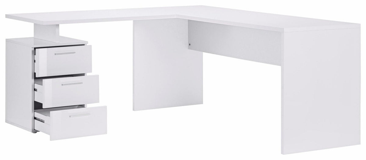 Scrivania angolare NOVA bianco con tre cassetti parzialmente aperti sul lato sinistro, vista tre quarti #colore_Bianco Lucido
