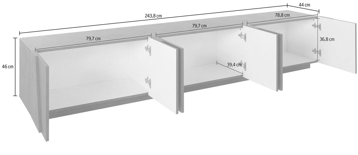 Porta TV PULSE cemento con ante aperte e quote dimensionali sovrapposte #colore_Cemento