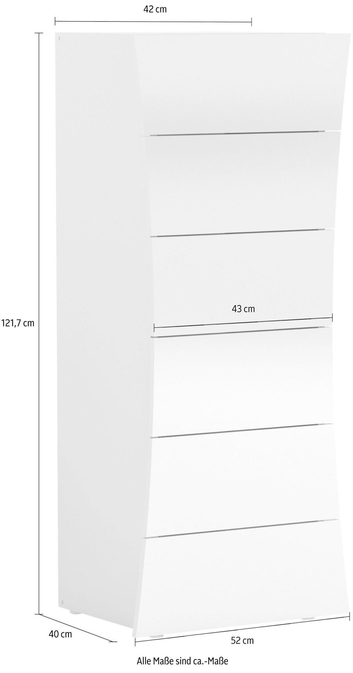 Cassettiera ARCANE bianco lucido con misure quotate: 42 cm di profondità e 121,7 cm di altezza