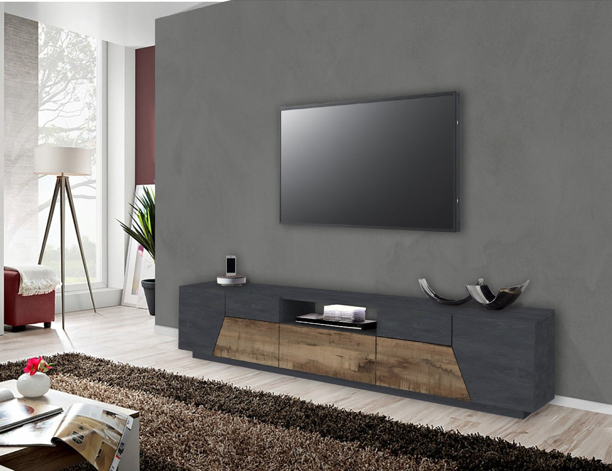 Porta TV NEBULA antracite opaco in soggiorno con inserto frontale in legno chiaro, vista tre quarti #colore_Antracite Opaco