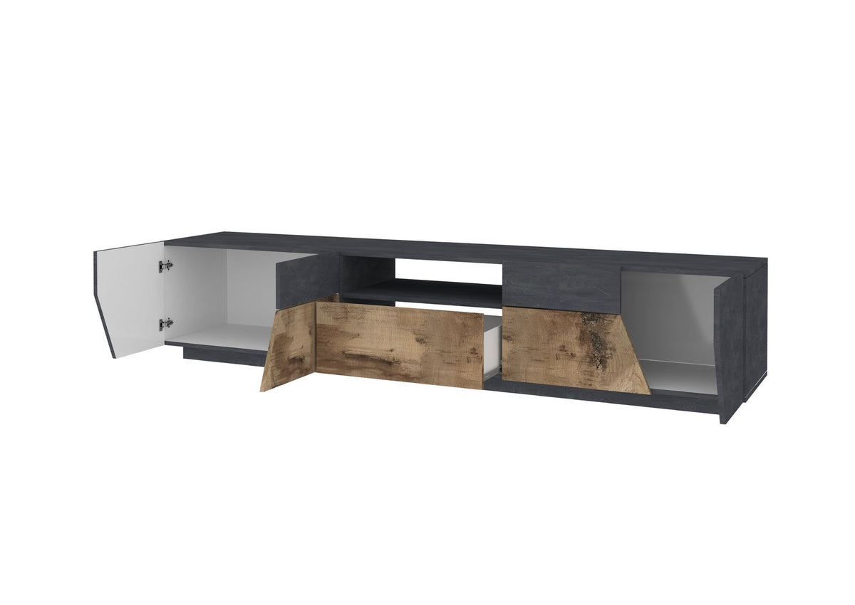 Porta TV NEBULA antracite effetto legno su fondo bianco, ante aperte e vano centrale a giorno #colore_Antracite Opaco