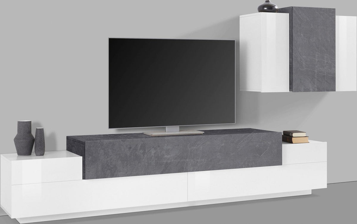 Render della parete CELESTIA bianco lucido con fascia centrale effetto pietra e pensili