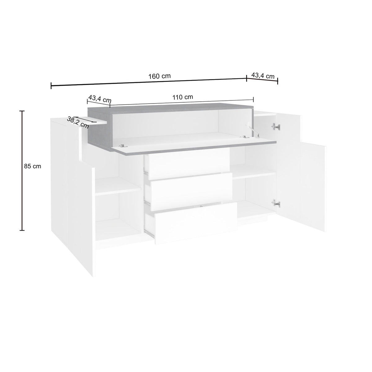 Disegno tecnico della credenza bianco opaco con misure quotate, anta destra e ribalta aperti