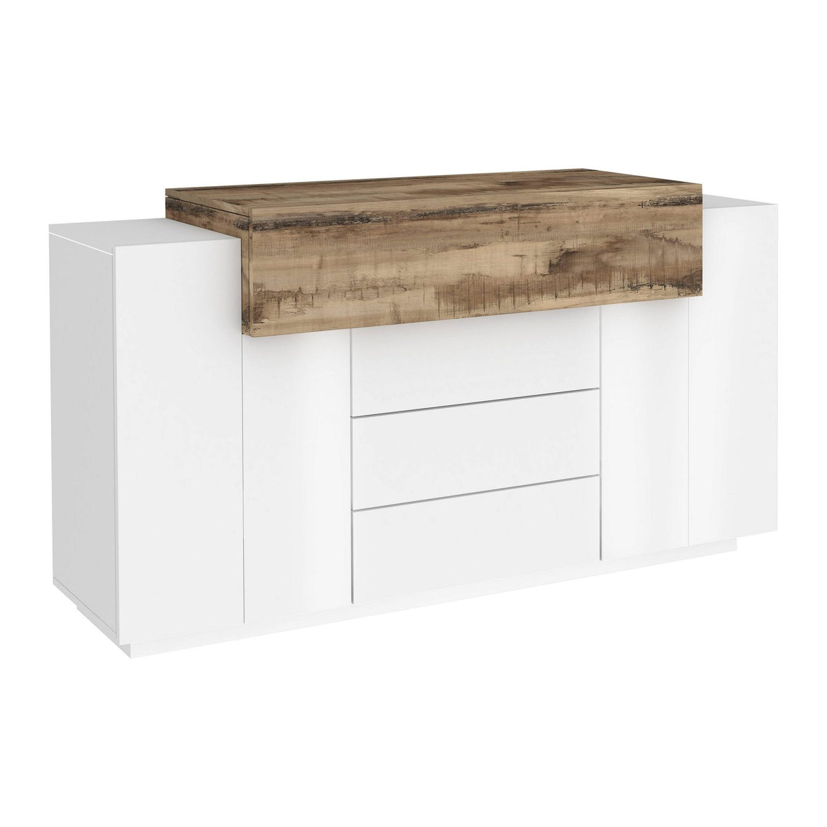 Credenza bianco opaco a tre cassetti centrali con piano in legno con venature, su fondo bianco