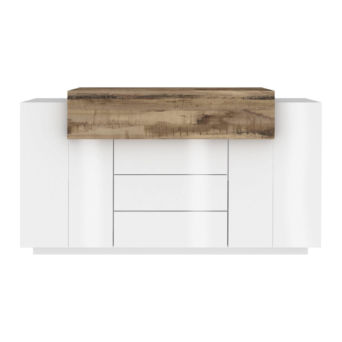 Credenza bianco opaco lucido intera con due ante laterali e tre cassetti su fondo bianco