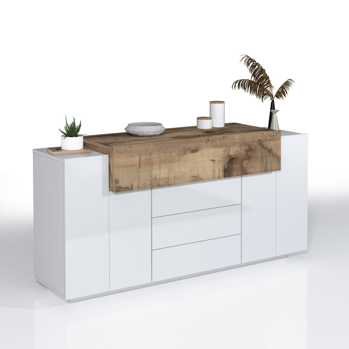 Credenza bianco opaco tre quarti con piano in legno acero rustico e oggetti decorativi