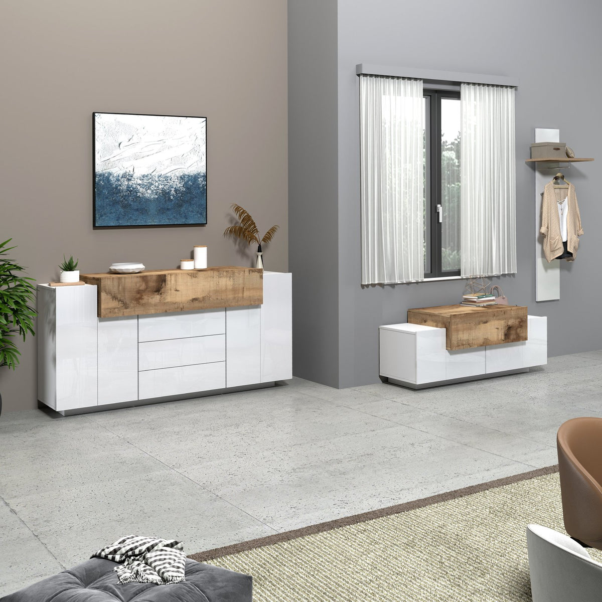 Credenza bianco opaco in soggiorno con fascia in legno rovere accanto a un mobile basso