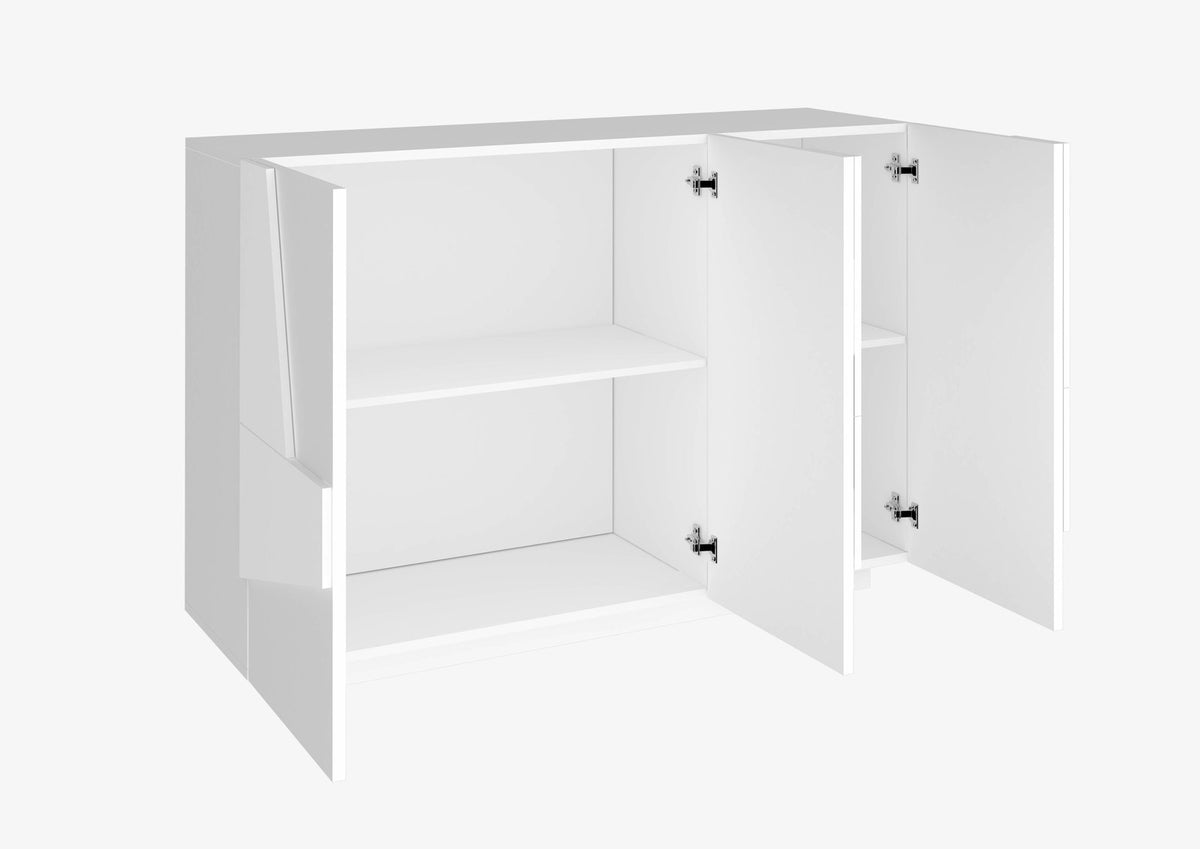 Mobile multiuso PULSE bianco lucido scontornato con ante aperte e due ripiani interni #colore_Bianco Lucido