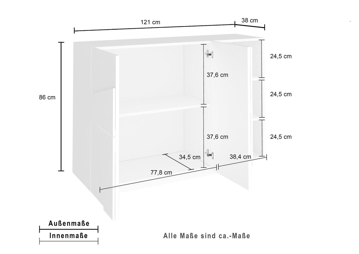 Mobile multiuso PULSE bianco lucido con quote dimensionali: 121 cm di larghezza, 86 cm di altezza #colore_Bianco Lucido