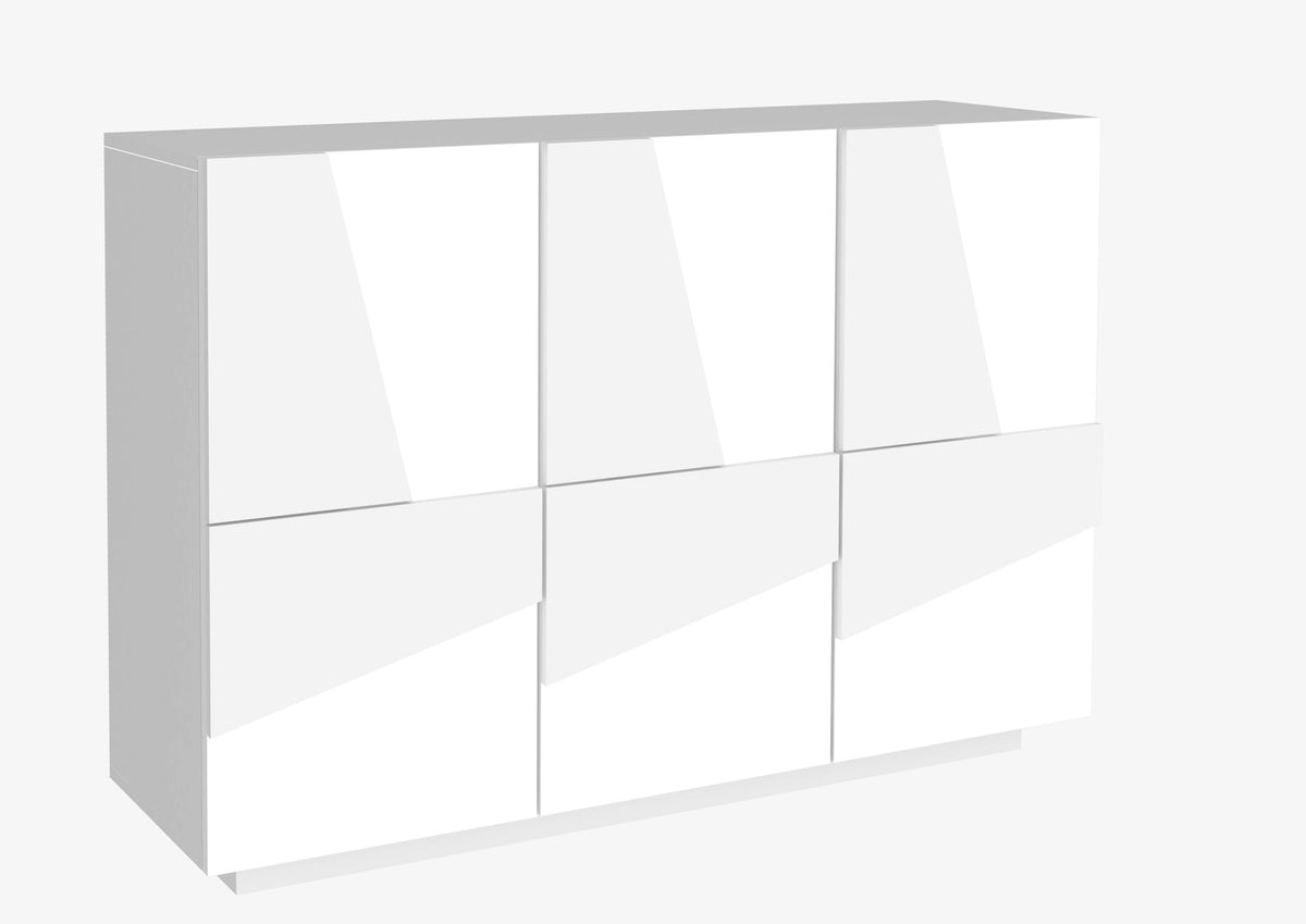Mobile multiuso PULSE bianco lucido, vista tre quarti con sei pannelli frontali su base rialzata #colore_Bianco Lucido