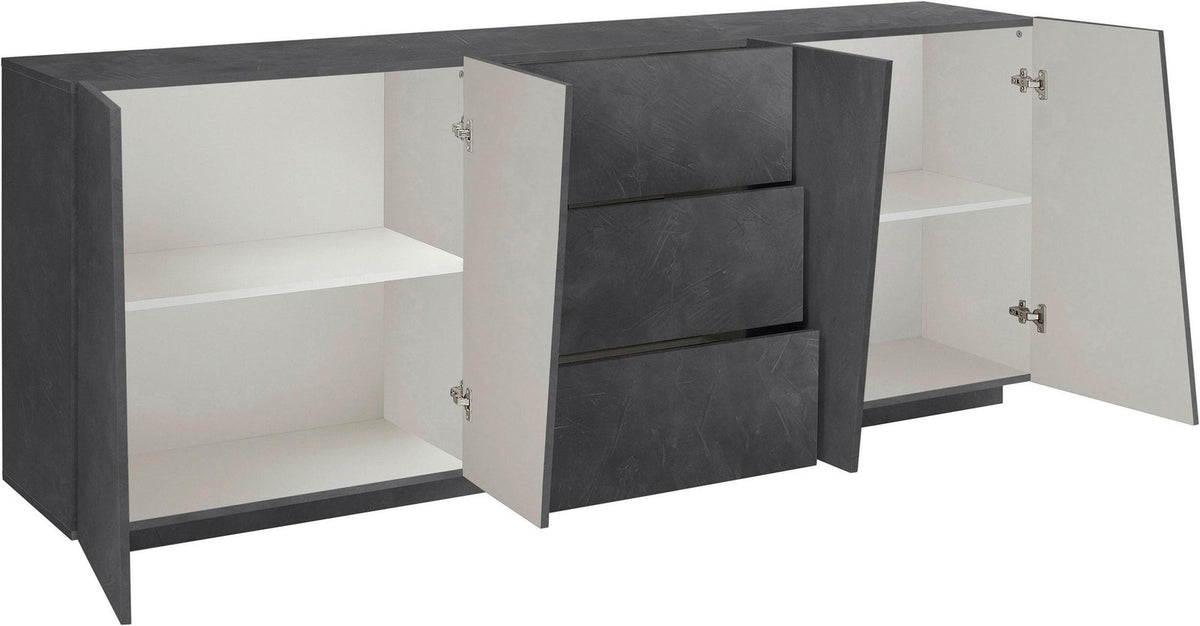 Credenza GALAXIA ardesia con ante aperte che mostrano ripiani interni e cassetti centrali #colore_Ardesia