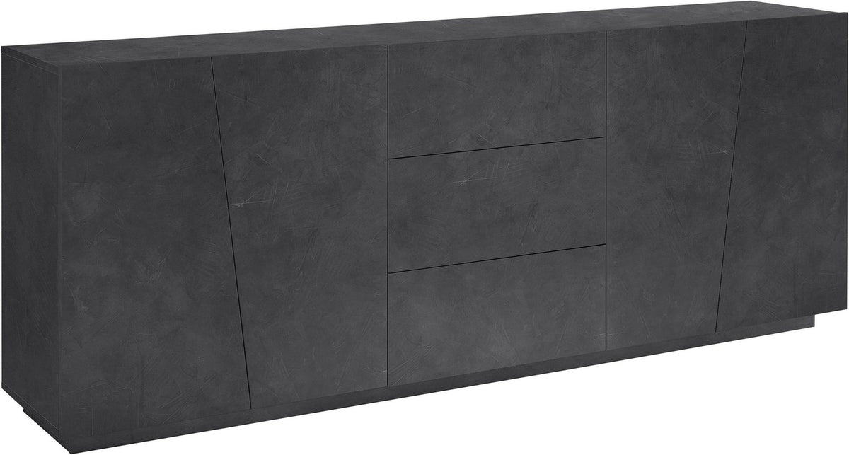 Credenza GALAXIA ardesia su fondo bianco, vista laterale con finitura effetto pietra e ante senza maniglie #colore_Ardesia