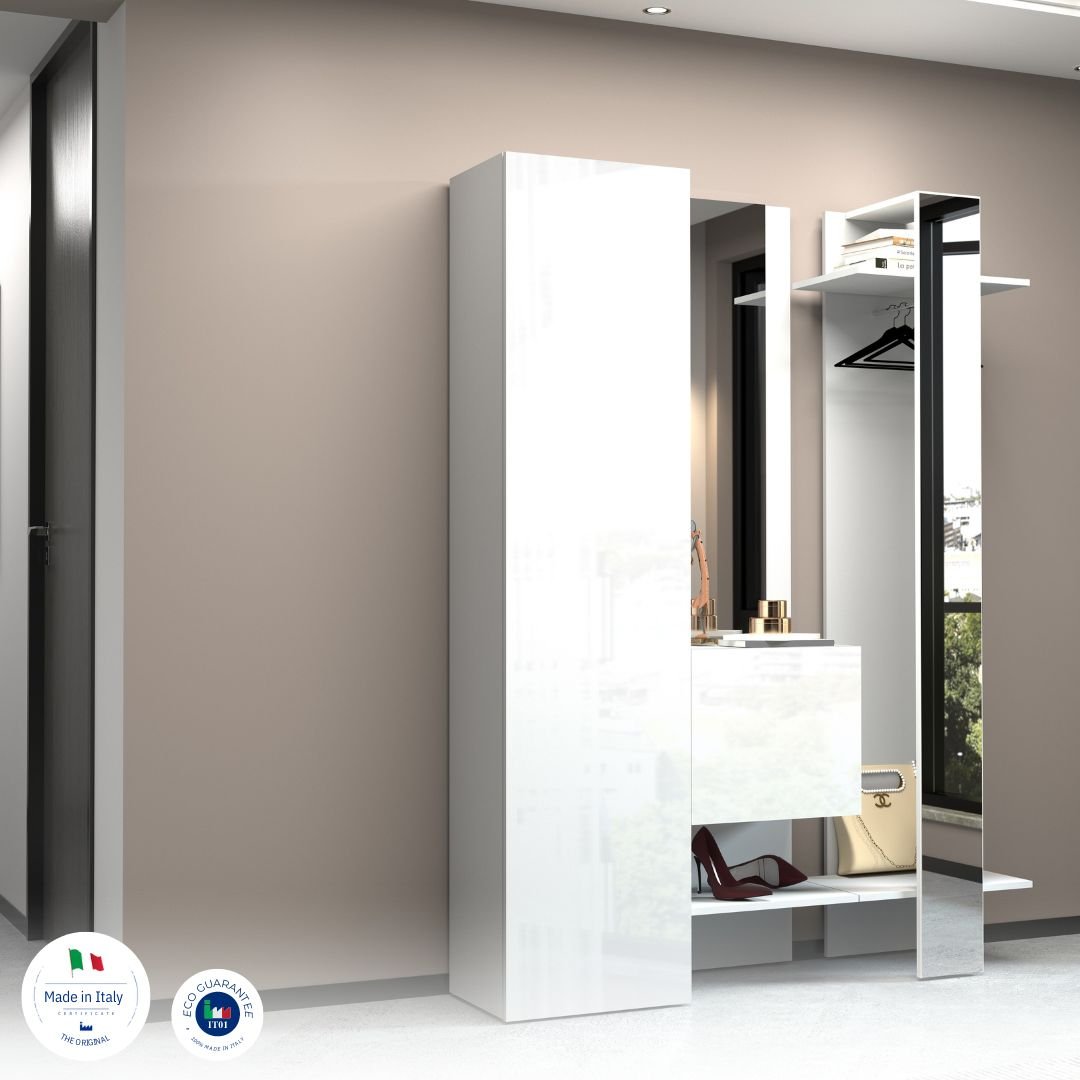 Scarpiera PHOENIX bianco lucido aperta in ingresso con scarpe rosse e logo Made in Italy