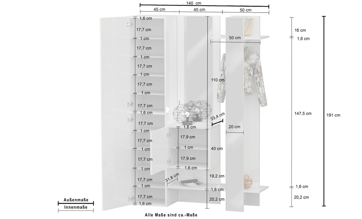 Disegno tecnico PHOENIX bianco con misure: 140 cm di larghezza, 191 cm di altezza