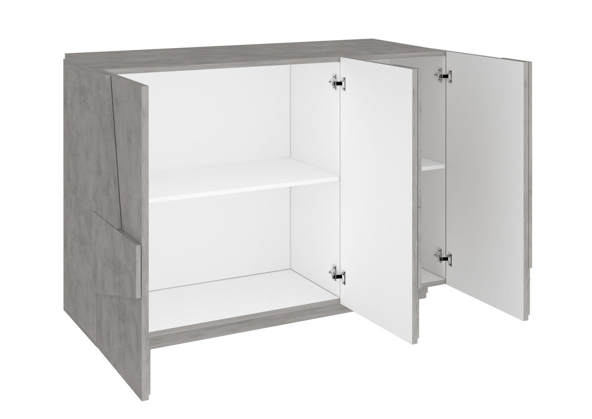 Mobile multiuso PULSE cemento con tre ante aperte, interno bianco opaco e cerniere cromate #colore_Cemento