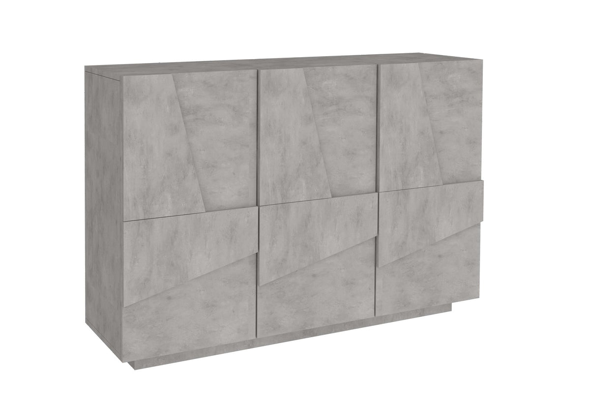 Mobile multiuso PULSE cemento scontornato con tre ante chiuse e disegno geometrico a rilievo #colore_Cemento