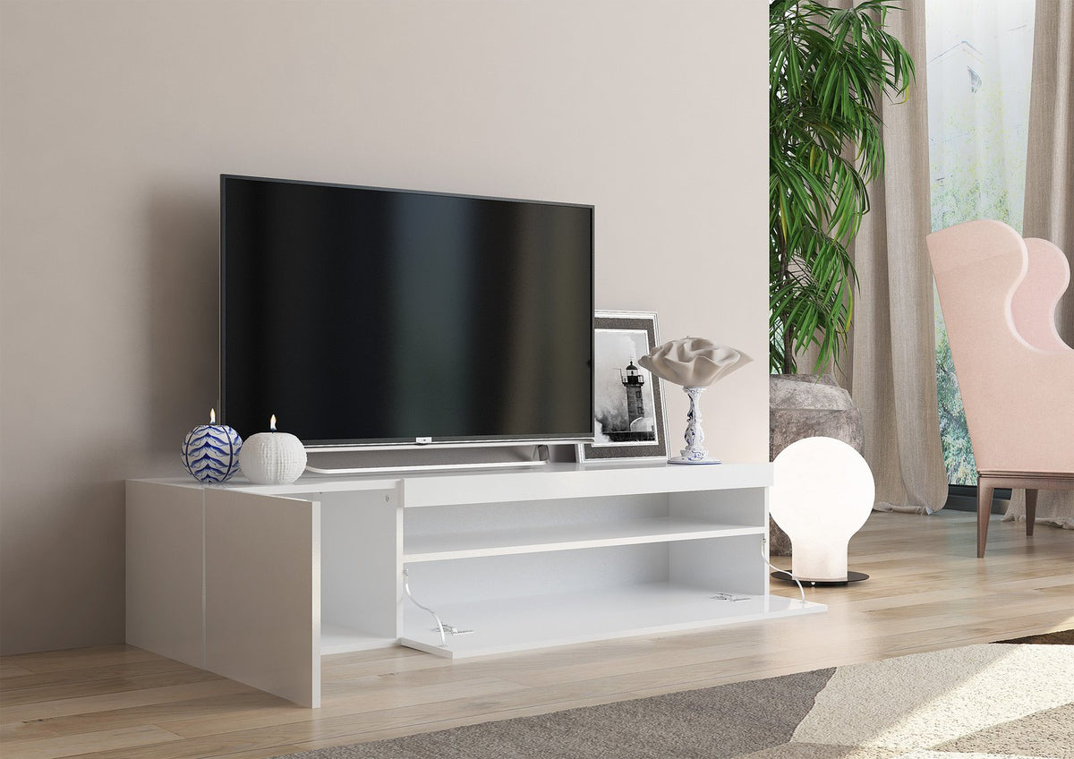 Porta TV FUSION bianco lucido con ribalta abbassata e vani aperti, in soggiorno #colore_Bianco Lucido