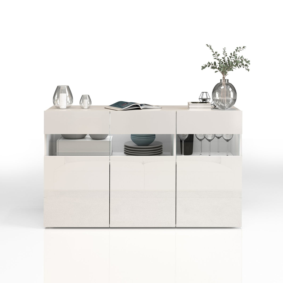 Credenza BORGO bianco opaco su sfondo neutro, vista frontale con vani a giorno