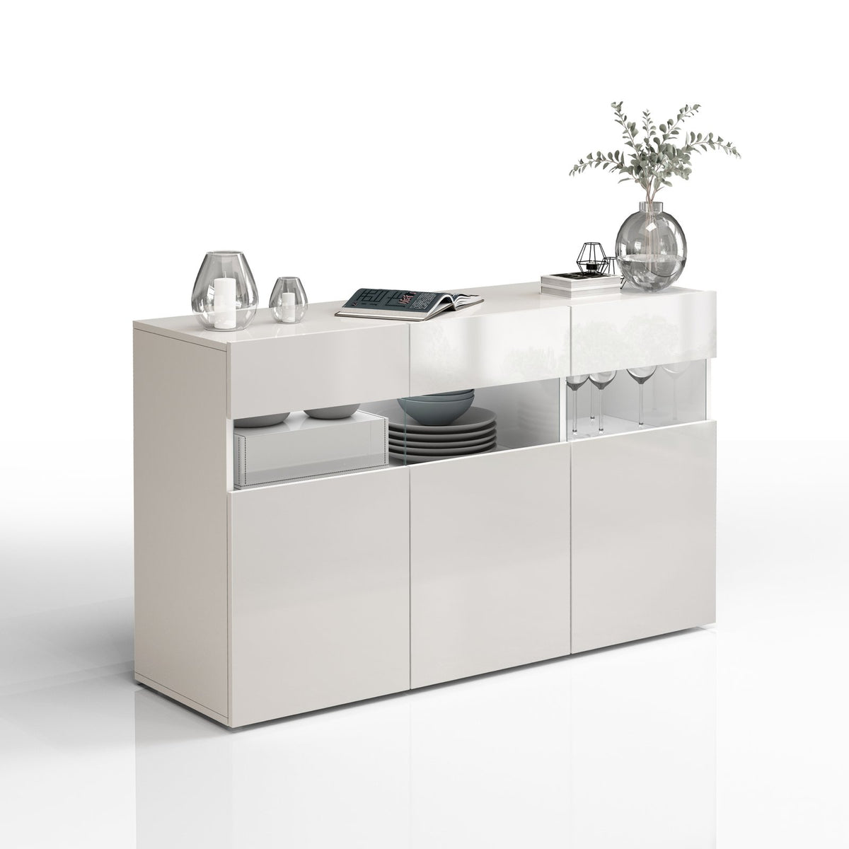 Credenza BORGO bianco opaco su sfondo neutro, vista tre quarti