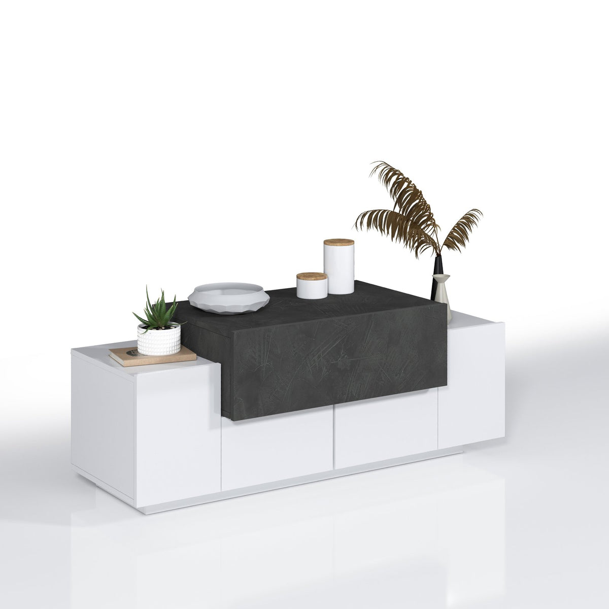 Panca bianco opaca con top ardesia striato e oggetti decorativi appoggiati, ripresa di tre quarti