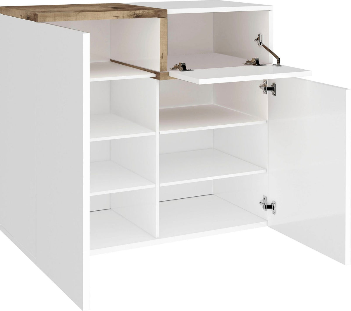 Scarpiera CASSIOPEA bianco lucido con ante e ribalta aperte, ripiani interni visibili #colore_Bianco Lucido