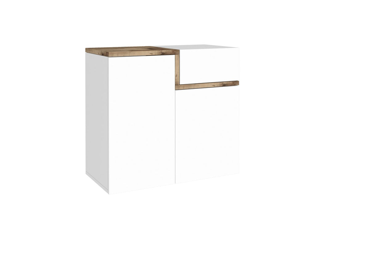 Scarpiera CASSIOPEA bianco lucido in tre quarti con ante battenti e piano effetto legno #colore_Bianco Lucido