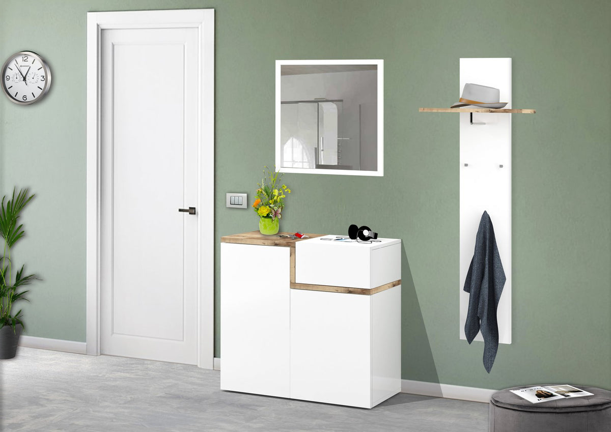 Scarpiera CASSIOPEA bianco lucido frontale in ingresso con specchiera e pianta #colore_Bianco Lucido