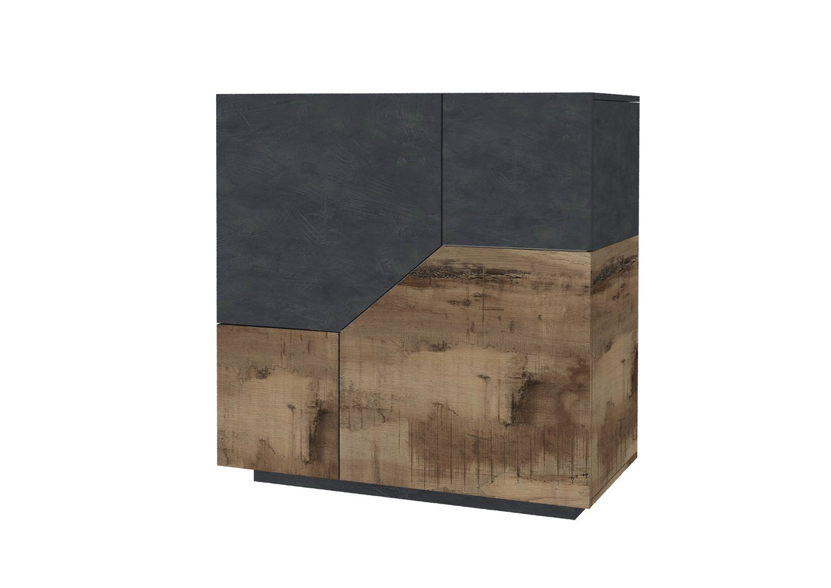 Credenza NEBULA antracite opaco di tre quarti su fondo bianco, fronte diviso in due finiture