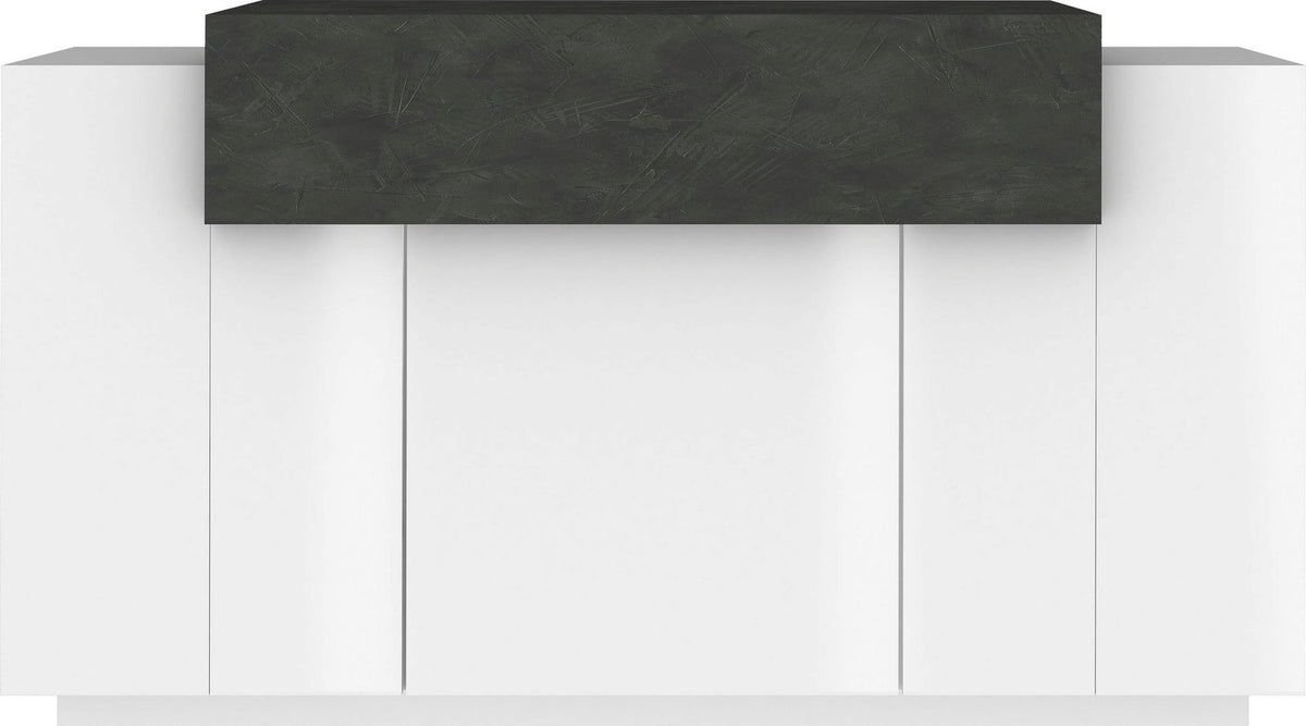 Credenza bassa bianco opaco a quattro ante su fondo neutro, vista frontale