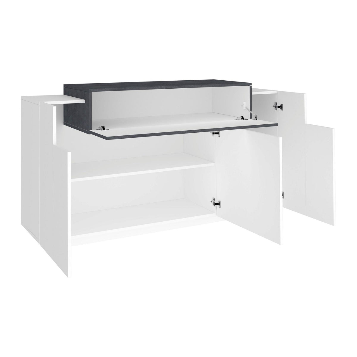 Credenza bianco opaco con ante aperte verso destra e vani interni, tre quarti