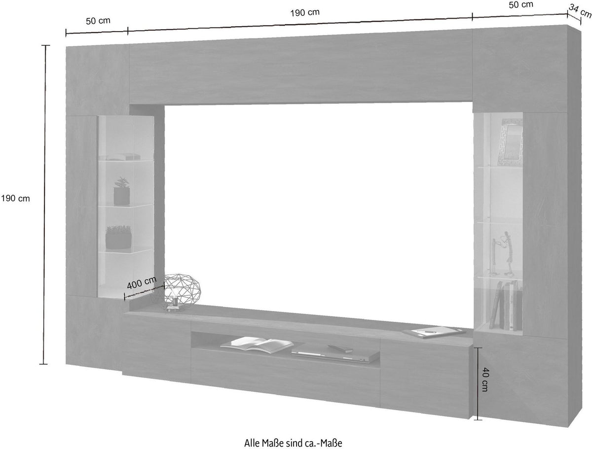 Disegno quotato della parete attrezzata QUANTUM cashmere: larghezza 290 cm, altezza 190 cm #colore_Cashmere
