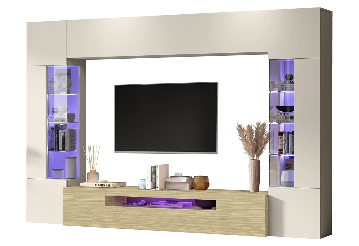 Parete attrezzata QUANTUM cashmere lucida di tre quarti su sfondo bianco con vano TV #colore_Cashmere